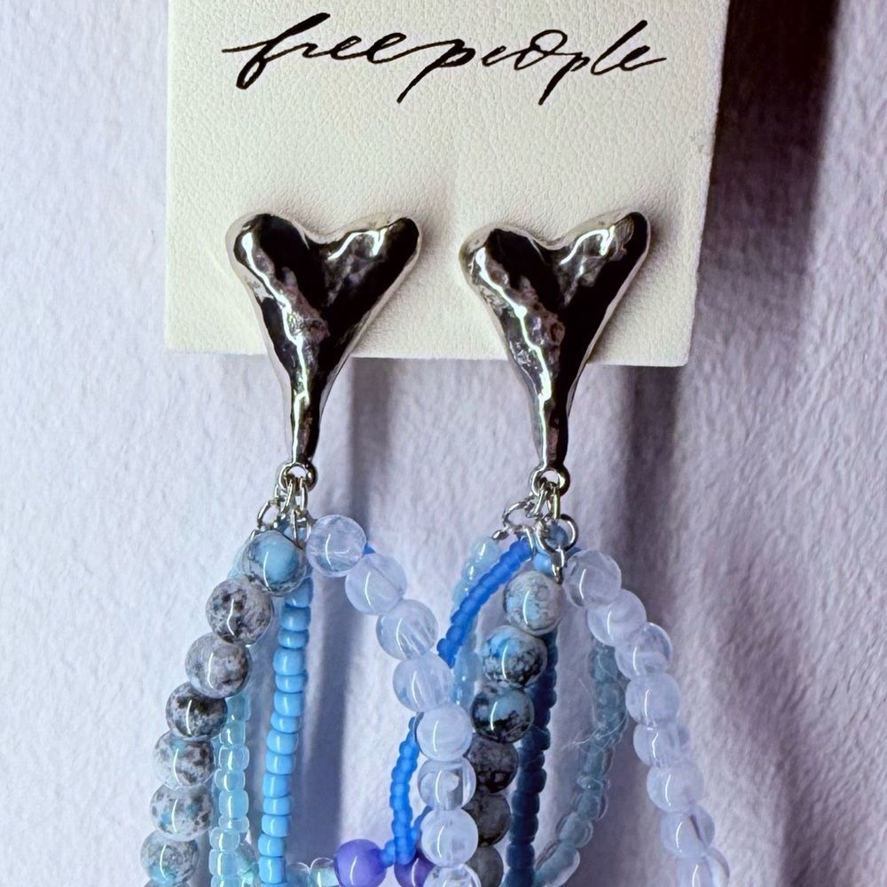 Free People Reese Bead & silver heart Earrings  Turqoise Beach- Romance BoHo Big